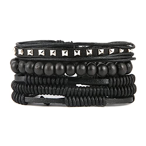HZMAN Handmade Hemp Cords Wood Beads Leather Bracelets for Men Women - style: Wooden bead style 7