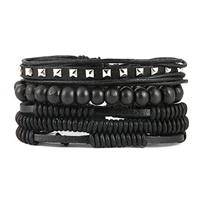 HZMAN Handmade Hemp Cords Wood Beads Leather Bracelets for Men Women - style: Wooden bead style 7