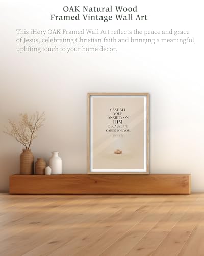 iHery 12x16in 1 Peter 5:7 Cast Your Anxiety Framed Christian Wall Art - color: OAK Framed Cast, size: 16"L x 12"W