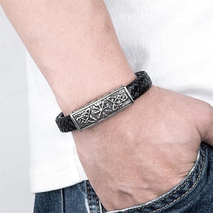 YL Mens Cross Viking Celtic Ankh Odin Compass Life Tree Leather Bracelet, 18K Gold/Black Rhodium Stainless Steel Christian Religious Protection Talisman Brown Cuff Handcrafted Jewelry Gifts - color: 18K White Gold-Celtic Compass, size: 8.3"(210mm)