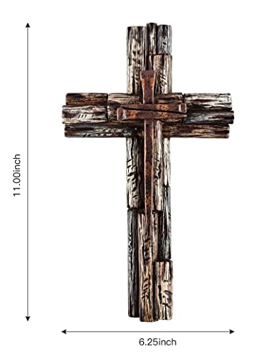 Eagrafts Rustic Decorative Layered Wood Like Resin Wall Cross With Faux Iron Nails, Home Wall Decor