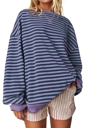 UEU Women Oversized Striped Crewneck Sweatshirt Long Sleeve Casual Pullover - color: Blue Purple Stripe, size: Small