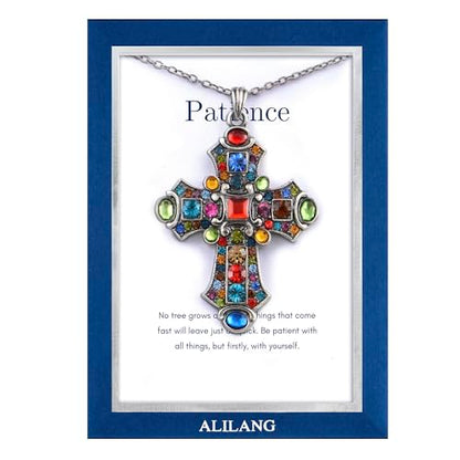 Alilang Silver Tone Stained Glass Rhinestone Patonce Cross Pendant Necklace with Religious Message Card & Envelope Christian Jewelry - style: Patience