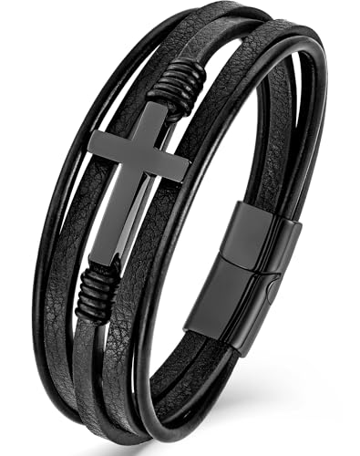 YL Cross Masonic Leather Mens Bracelet, 18K Gold/Black Rhodium Plated Christian Religious 316L Stainless Steel Brown Cuff Handcrafted Jewelry Gifts - color: Cross A-Black, size: 9.1"(230mm)