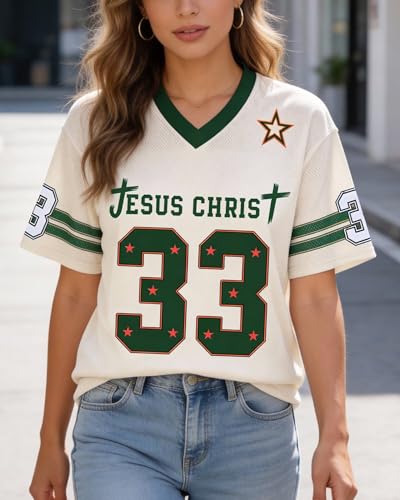 CHAIRAY Jesus Jersey Christian Football Jersey 33 Y2k Baggy Shirts Oversized V Neck Tee Tops for Women Men - color: 01 Apricot, size: Medium