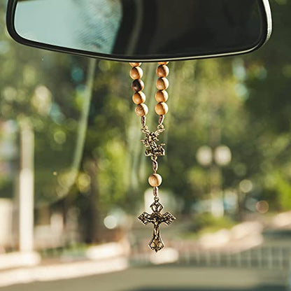 Intercession St. Michael Car Rearview Mirror Rosary (Wood) - style: St. Michael