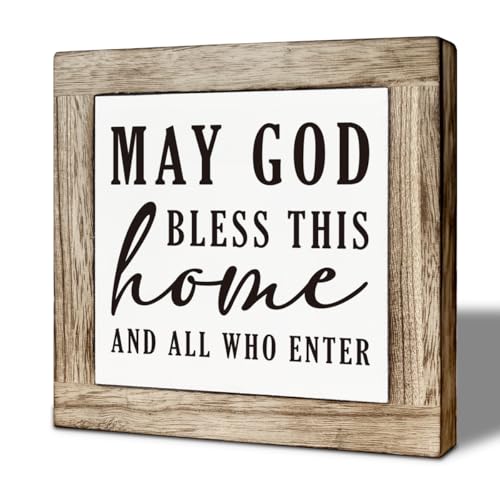 Christian Wooden Box Sign, Inspirational Table Sign, May God Bless This Home, Farmhouse Bible Verse Tabletop Signs, Positive Home Desk Decor for Bedroom Living Room 5.9x5.9 Inches - color: color04