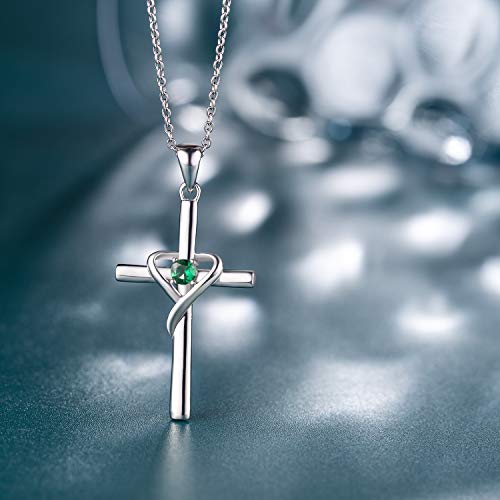 AmorAime 925 Sterling Silver Cross Necklace for Women Men 14K Gold Plated 5A CZ Birthstone Necklaces for Holiday - color: E.Green-May-Emerald