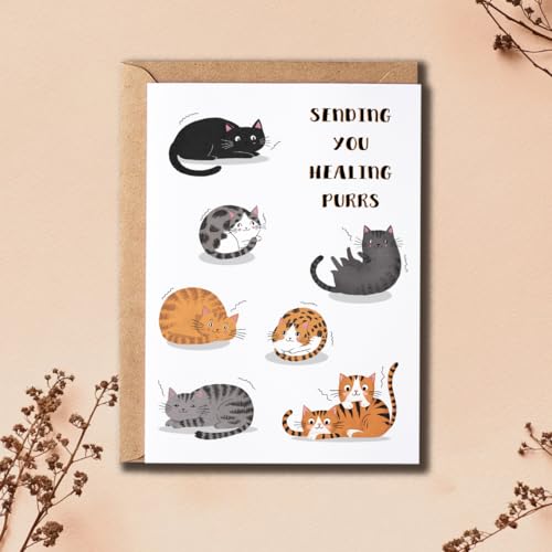 Sending You Healing Purrs Card - Cute Cat Card - Cat Lovers Card - Get Well Soon Card - Support Card - Lovely Card - Feel Better Card - Blank Card