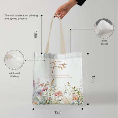 Christian Floral Tote Bag, Faith of a Mustard Seed Matthew 17:20 Bible Verse Canvas Tote Bags, Christian Gifts for Women, Wildflower Religious Reusable Grocery Shopping Bag