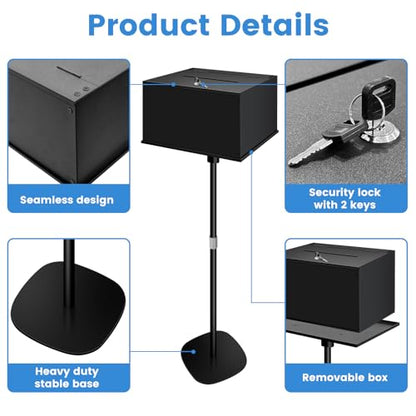 Metal Suggestion Box with Stand Floor Standing Donation Box with Lock and Key Heavy-Duty Collection Case for Charity Home Office Church Elections, Black