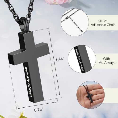 Cremation Cross Necklace for Ashes Stainless Steel Cross Urn Pendant Ashes Holder Memorial Jewelry-With Me Always - style: With Me Always-Black-Velvet Box