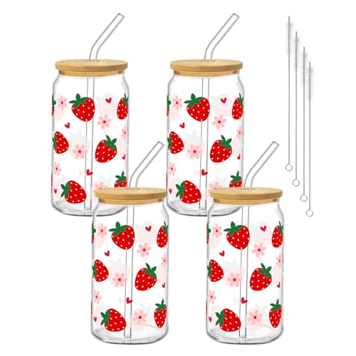 Glass Cups with Lids and Straws, 4Pack, 16oz, Cottagecore - style: 4Pcs Strawberry