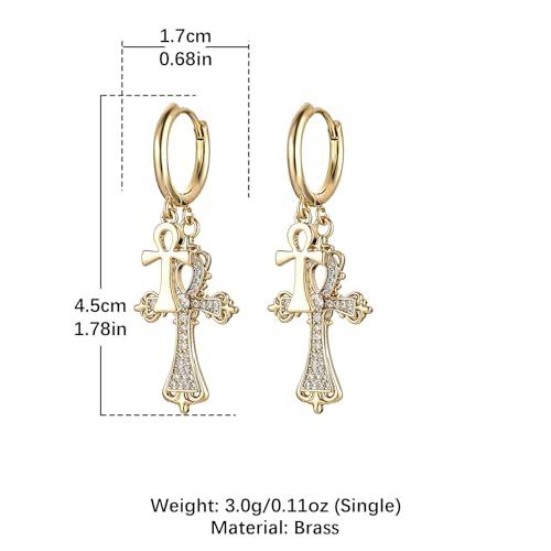HZMAN Double Ankh Cross Huggie Hoop Earrings for Women, Brass Dangle Earrings with Cubic Zirconia, Vintage Baroque Religious Jewelry Gift