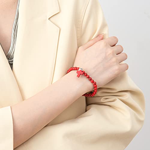 Softones 6mm Bead Cross Pendant Bracelet for Women Healing Stone Stretch Prayer Bracelet for Women,with Gift Box - color: Red Turquoise