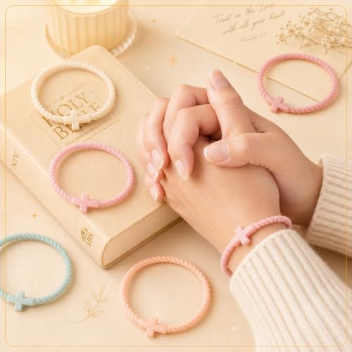Soaoo 24/60 Pcs Jesus Bracelets Cross Silicone Bracelet Braided Stackable Rubber Wristband Silicone Jewelry Gift for Women Men - color: Pastel, size: Cross
