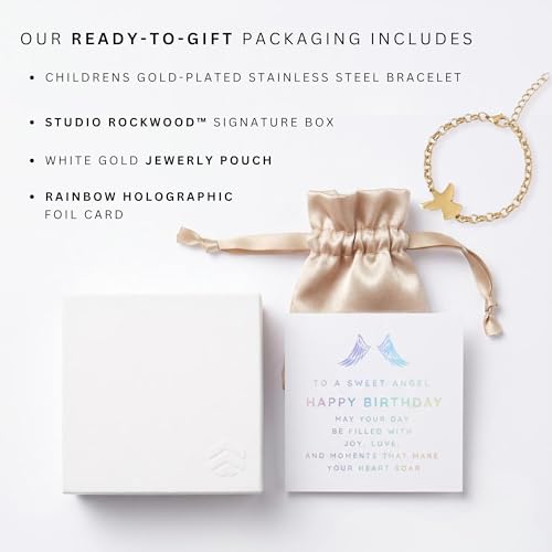 Angel Charm Bracelet for Girls Gift Set, Adjustable 18K Gold Plated, Hypoallergenic Kids Jewelry, First Communion Baptism Birthday Gift with Box and Card