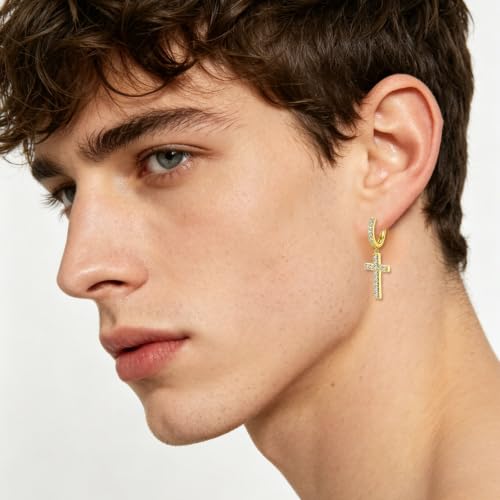 NEWITIN CZ Cross Earrings for Men Women 14K Gold Plated Huggie Hoop Earring - color: Gold B