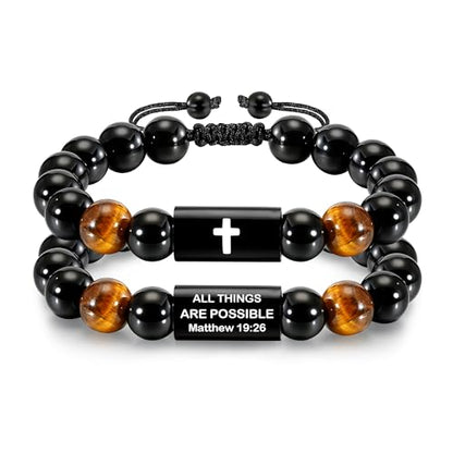 Natural Stones Handmade Cross Bracelet For Men Boys - color: Matthew 19:26