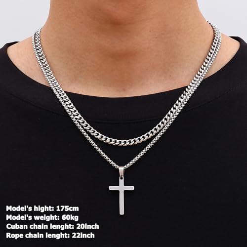 Fiusem 2 Pcs Cross Necklace Chain for Men and Women, Layered Mens Cross Necklaces Stainless Steel Pendant Cuban Link Rope Chain 16-26 Inch, Jewelry Gift - size: 24in/26in, style: Box & Cuban Small Silver Cross (1.2" * 0.7")