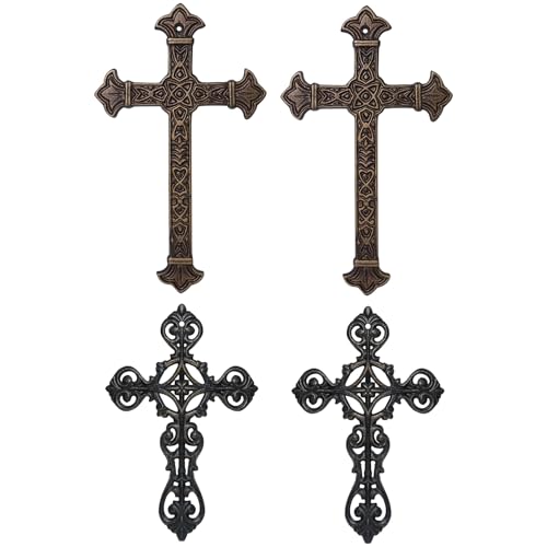 DreamsEden Antique Cast Iron Wall Cross Set of 4, Christian Metal Cross Decor for Home, Vintage Jesus Cross Wall Art Hanging Decor for Living Room Bedroom, Religious Gift for Baptism Housewarming - color: 4 Pcs