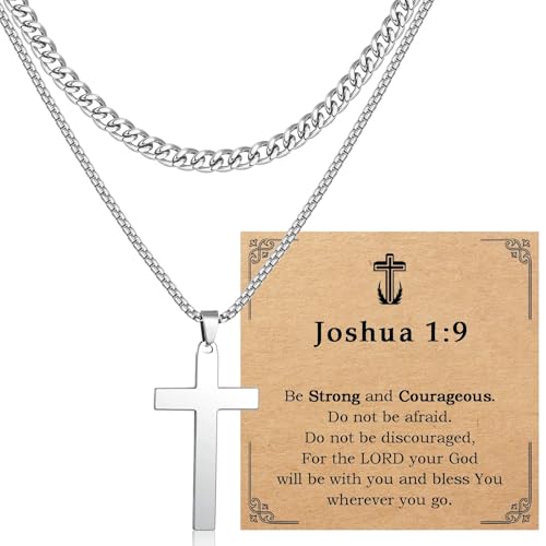 Cross Necklace for Teen Boys Men - color: White-“Joshua 1:9”