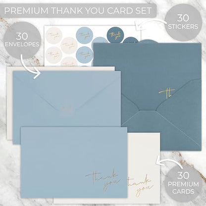 ZICOTO Beautiful Thank You Cards Set of 30 With Envelopes and Stickers - color: Blue