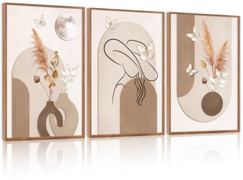 CHDITB Boho Neutral Framed Wall Art Beige Minimalist Line Art Woman Artwork - color: Beige, size: 24"L x 36"W