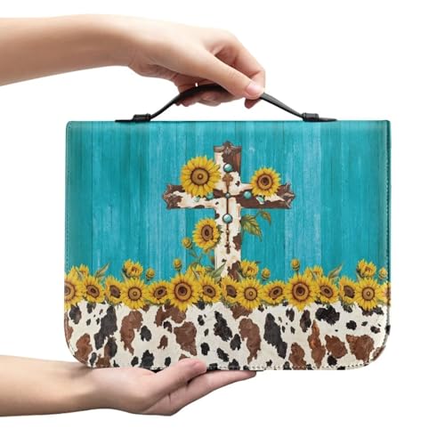 Blue Wood Grain Cross Bible Covers Case, Sunflowers Cow Print Women Girls Bible Cover Church Bag with Top Handle Protective Bible Carrying Case PU Leather Bag - color: Blue Wood Grain Cross - Sunflowers Cow, size: 2X-Large
