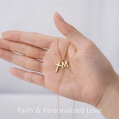 Cross Initial Necklace for Women, 14K Gold Plated Dainty Cross & Letter(A-Z) Pendant Necklace, Personalized Monogram Letter Christian Jewelry,Baptism First Communion Confirmation Easter Gift - color: M