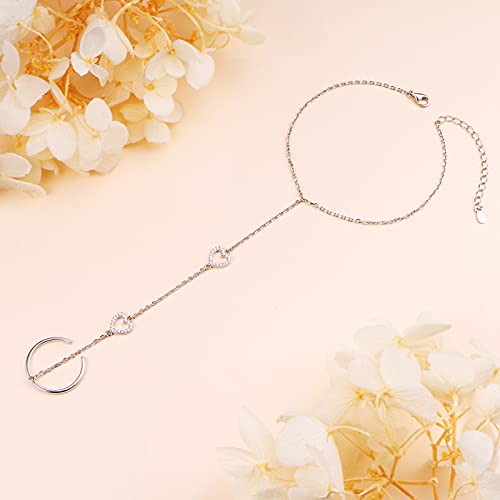 S925 Sterling Silver Finger Ring Bracelet Hand Adjustable Chain for Women - style: Heart CZ