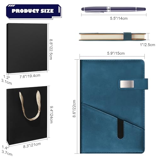 A5 Lined Leather Notebook and Pen Set with Gift Box, 240 Pages Refillable Journal with Pocket and Magnetic Buckle, Hardcover Daily Diary for Men and Women Business Travel Personal Writing- Blue - color: Blue