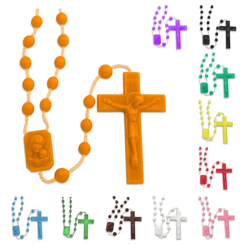 RosaryMart Catholic Rosary Beads for Prayer – Orange Plastic Rosary Necklace with Crucifix, Durable Nylon Cord, Made in Italy, Devotional Prayer Beads for Women and Men – Pack of 100 - color: Orange, size: 100 per bag