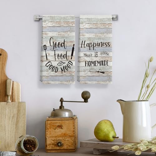 Retro Farmhouse Kitchen Towels Set of 4, Happiness Kitchens Quotes Decorative Dish Tea Towels, Vintage Rustic Hand Towels for Kitchen Dining Room, 16X24In