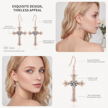 Moissanite S925 Sterling Silver Dainty Cross Drop Dangle Earrings For Women - color: Rose gold