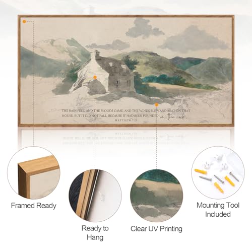 Aurlan House Built On The Rock Matthew 7:25 Framed Wall Art 40x20 Inch - color: Matthew 7:25 House Built on the Rock, size: 40"L x 20"W