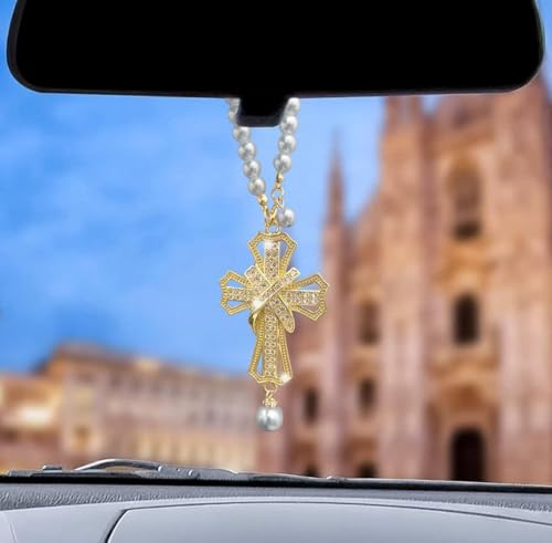 Car Rear View Mirror Hanging Cross Charm, Christian Car Accessories, Rearview Mirror Accessories, Cross for Car, 18K Gold Plated Brass with CZ Crystals & Pearl Beads, Faith Gift for Drivers Safe Travel