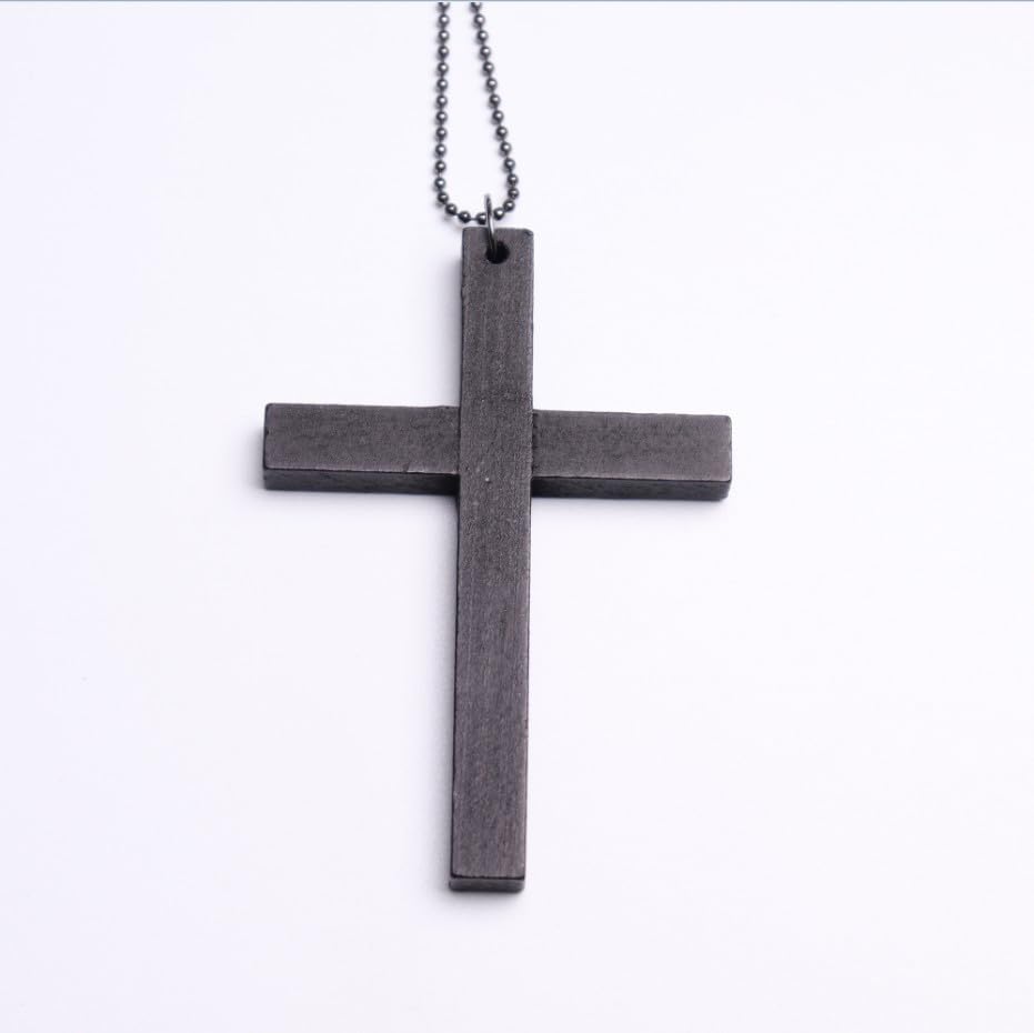 FORUBUS Wooden Cross Pendant Necklace - Wood Beads Cross Religion Necklace for Women Men Believer Prayer Baptism Jewelry - color: E black