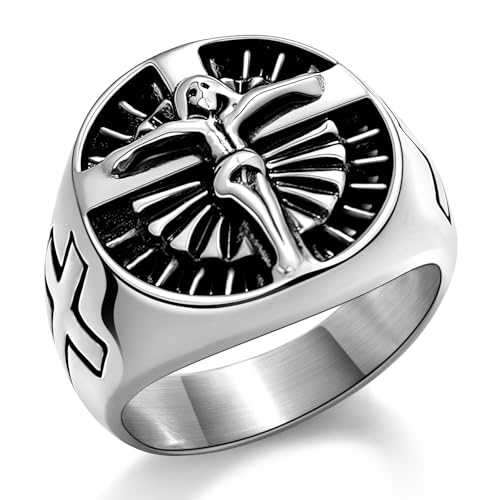 Christian Cross Rings for Men - Stainless Steel Jesus Jewelry with Celtic Knot Sides (Gold/Black/Silver) - Catholic Religious Gift, Size 7-13 - color: J: Silver-Cross