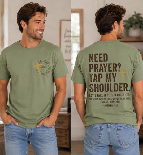 Christian Shirts for Men Women Need Prayer Tap My Shoulder Shirt Christian Religious Faith Bible Verse Cross Shirt - color: Green, size: Small
