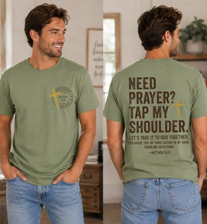 Christian Shirts for Men Women Need Prayer Tap My Shoulder Shirt Christian Religious Faith Bible Verse Cross Shirt - color: Green, size: Small