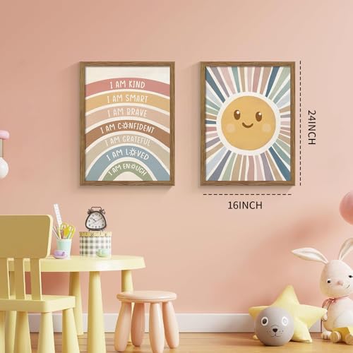 2 Piece Framed Boho Rainbow Kids Room Wall Art 16x24 Inch - color: sunshine, size: 24"L x 16"W
