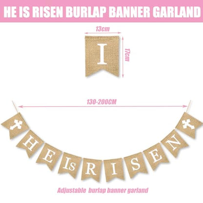 He is Risen Banner, Easter Decorations Natural Burlap Garland Religious Bunting Party Supplies Spring Holiday Celebration for Christian Resurrection Photo Props Church Egg Hunt Events