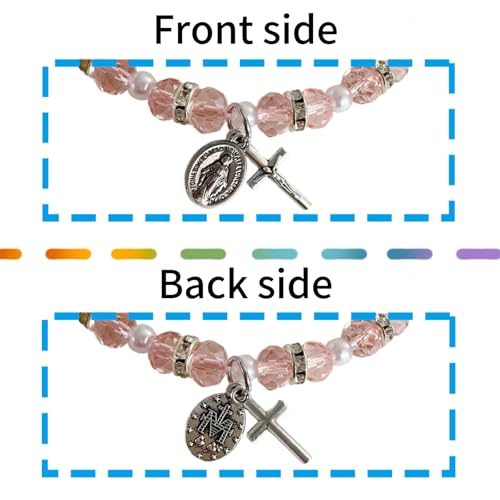 Bovemee 2Pcs Handmade String Miraculous Medal Pink Virgin Mary Bracelets, Crucifix Cross Red Rosary Bracelet Catholic Gift for Women Men - color: Pink
