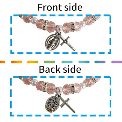 Bovemee 2Pcs Handmade String Miraculous Medal Pink Virgin Mary Bracelets, Crucifix Cross Red Rosary Bracelet Catholic Gift for Women Men - color: Pink