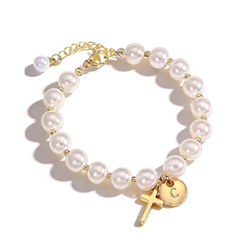 Cross Initial Bracelet Dainty Gold Cross Pearl Bracelet with Letter A-Z Christian Baptism Gifts Religious Faith Jewelry Stocking Stuffers for Teens - color: Gold C