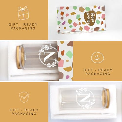 Birthday Gifts for Women, Monogrammed Initial Glass Cup Personalized Gifts for Women, 16oz Glass Cups with Lids and Straws, Iced Coffee Cup, Beer Can Shaped Glass - Gifts for Mothers Day, Christmas, N - style: N