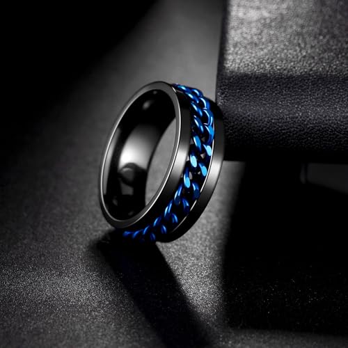 Mens Fidget Rings Anxiety Ring for Men 6mm 8mm Chain Spinner Ring Size 5-14 - color: Black Blue