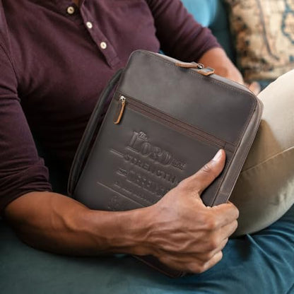 Polare Full Grain Cowhide Leather Bible Cover Church Bag Bible Protective Book Holder Carrying Case Folder Organizer Portfolio (Dark Brown(Lord is My Strength & Defense)) - style: Dark Brown(Lord is My Strength & Defense)