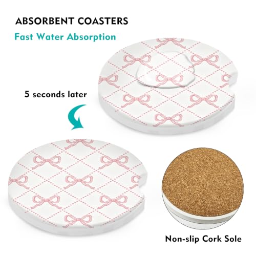 Car Coasters 2 Pack, Small 2.56" Stone Car Interior Cupholder Absorbent Coaster with Cork Back for Women Men Coffee Drink Cup Coasters (Pink Bow) - color: Pink Bow